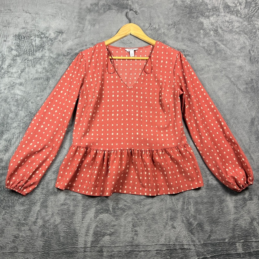 Nine West Blouse Top Womens Small Pink Polka Dot V Neck Puff Sleeve Peplum Hem